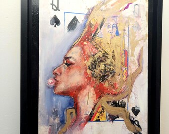 Headstrong - Original Oil Painting on Playing Card | Contemporary Figurative Art | Queen of Spades Portrait