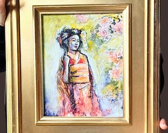 Original Geisha Painting | Mixed Media Floral Portrait, Gold Frame