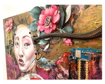 Original Geisha Painting – Japanese Woman Portrait, Akira Manga Collage, Mixed Media Figurative Art, Anime Wall Artits