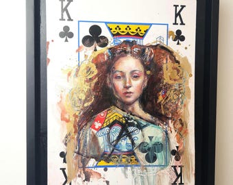 King of Clubs Queen Portrait | Original Oil Painting on Playing Card | "We Didn't Start the Fire"