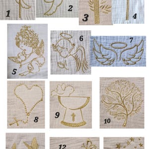 May include: A collection of embroidered designs on a light beige fabric. The designs include a dove, cross, angel, wings, rosary, chalice, tree, butterflies, and stars. Each design is embroidered in gold thread.