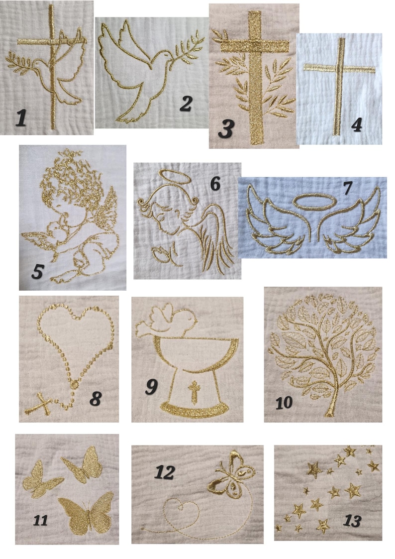 May include: A collection of embroidered designs on a light beige fabric. The designs include a dove, cross, angel, wings, rosary, chalice, tree, butterflies, and stars. Each design is embroidered in gold thread.