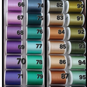 May include: A collection of spools of thread in various colors, arranged in a display case. The spools are labeled with numbers from 65 to 96, with shades of purple, blue, green, gold, and brown. Ideal for sewing and crafting projects.