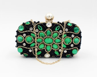 Pochette vintage color smeraldo e borse da sera per matrimonio, pochette con strass verde, borsa da banchetto in raso di seta autentica, borsa da sposa, regalo migliore amica