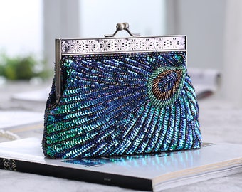 Small Clutches Evening bags for women,Suuare Peacock purse,Sequin Clutch for wedding,Bridal purse,Banquet bag,Party handbag,Best friend Gift