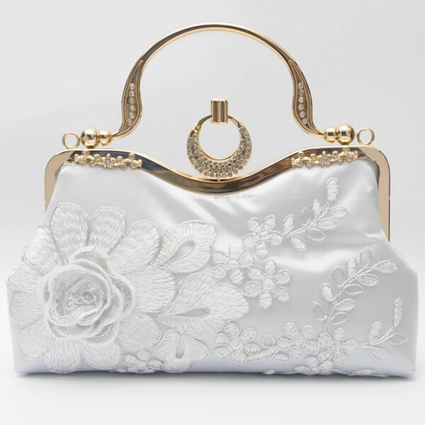 Elegant White & Gold Embroidered Box Clutch – Stylish Party & Wedding Bag