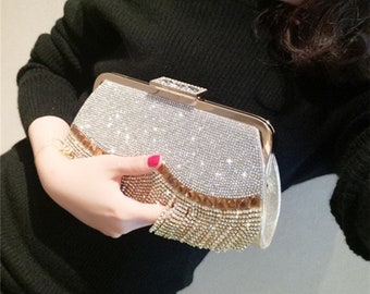 Pochette Borsa da sera per matrimonio, pochette con nappa e strass, borsa per banchetti portatile, pochette per borsa da matrimonio, borsa da sposa, borsa da damigella d'onore regalo