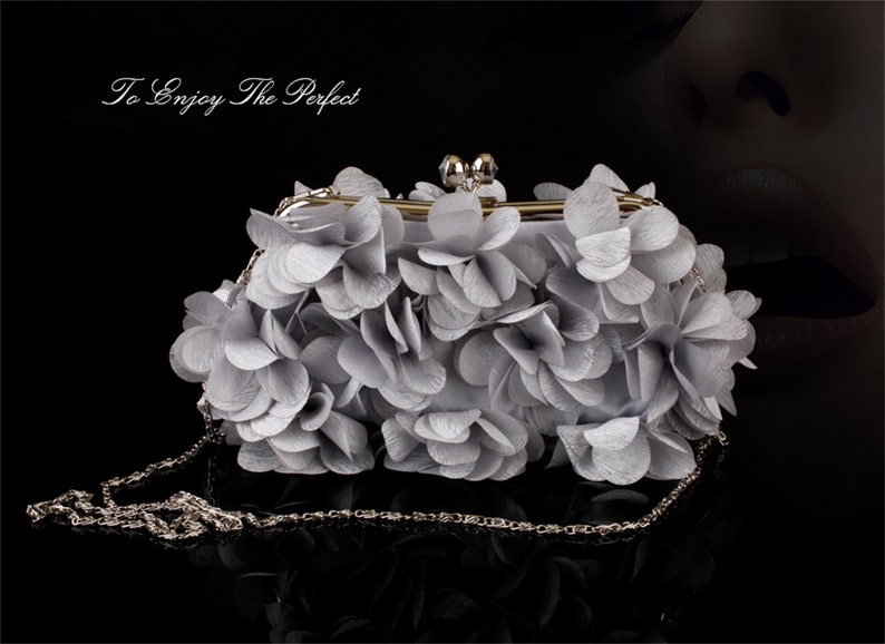 White Floral Evening bag for women,Hydrangea petal Handbag, Banquet bag Clutches,Floral Purse,Wedding bag,Bridal bag,Bridesmaid bag Gift Grey