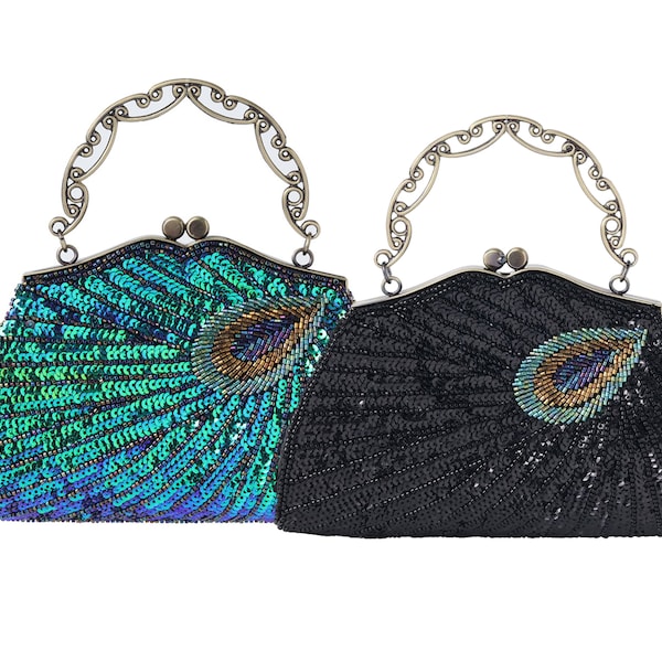 Vintage Clutches Evening bags for women,Suuare Peacock purse,Sequin Clutch for wedding,Bridal purse,Party handbag,Best friend Gift