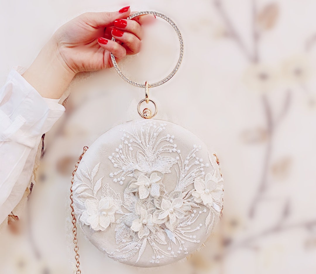 Wedding Clutches & Evening Bag,bridal Purse,white Beige Embroidery Bag