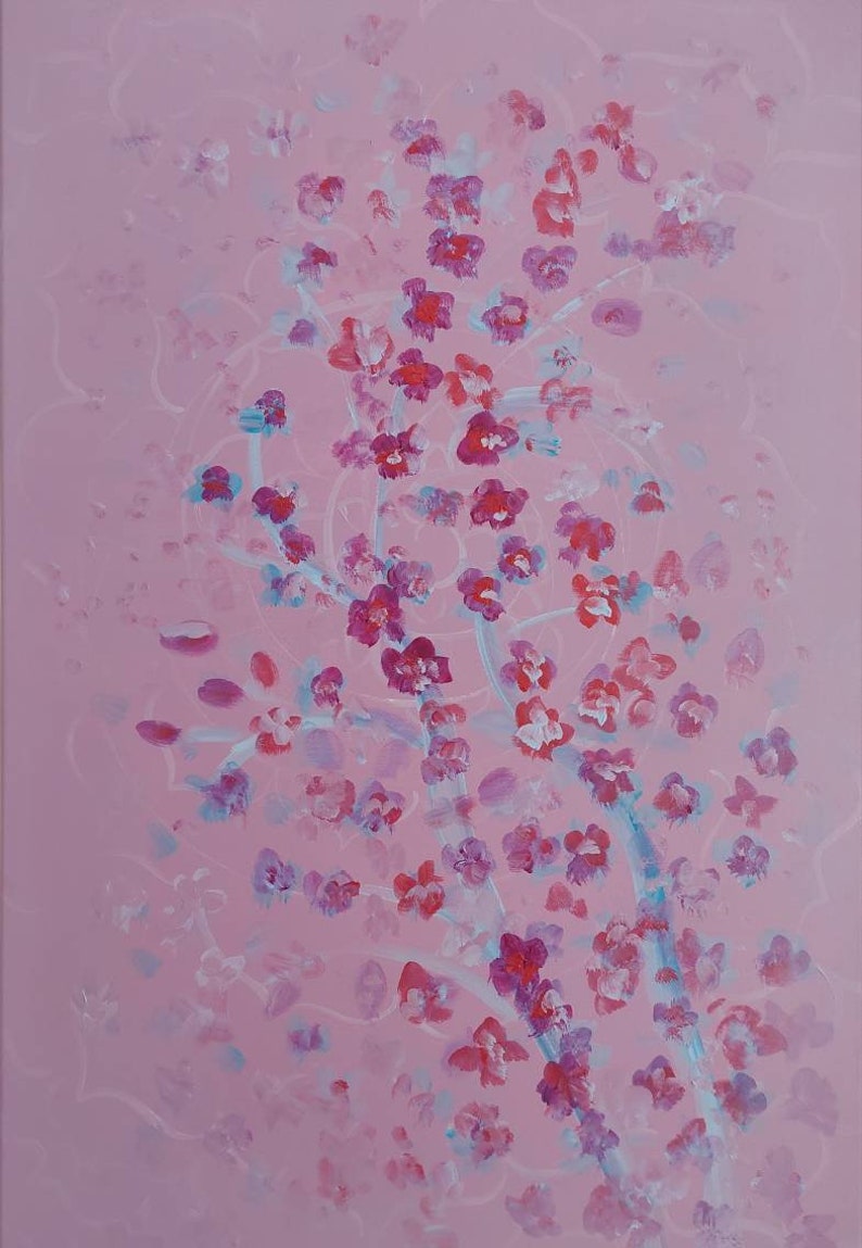 May include: A pink abstract painting with a white floral design. The flowers are in shades of pink, red, and purple. The background is a light pink.