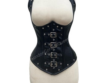 Steel Boned Leather Underbust Corset: Steampunk Gothic Studded Waist Trainer
