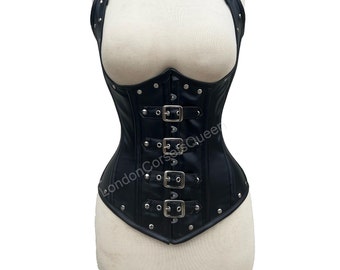 Heavy Duty Underbust Waist Trainer Steel Boned Leather Corset Steampunk Black Studs and Gothic Style Buckle Closure Strap Corset