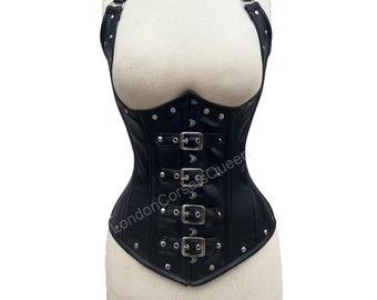 Heavy Duty Underbust Waist Trainer Steel Boned Leather Corset Steampunk Black Studs and Gothic Style Buckle Closure Strap Corset