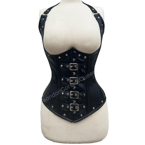 Heavy Duty Underbust Waist Trainer Steel Boned Leather Corset Steampunk Black Studs and Gothic Style Buckle Closure Strap Corset