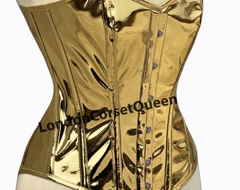 Women's Overbust Golden PVC Corset , Steel Boned Heavy Duty Waist Trainer PVC GOLD Corset