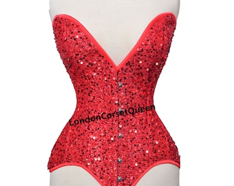 Heavy Duty  Double Steel Boned Waist Trainer  Sequin Corset Steampunk Red Overbust Corset