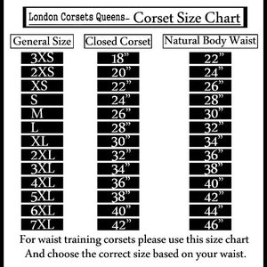 Puede incluir: Un gr&aacute;fico en blanco y negro que muestra las tallas de cors&eacute; en pulgadas. El gr&aacute;fico enumera las tallas generales de 3XS a 7XL, las tallas de cors&eacute; cerrado de 18 pulgadas a 42 pulgadas y las tallas de cintura natural de 22 pulgadas a 46 pulgadas. El texto "London Corsets Queens - Corset Size Chart" est&aacute; en la parte superior del gr&aacute;fico.