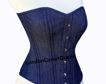 Heavy Duty Waist Trainer Steel Boned Overbust Corset Blue Denim Corset