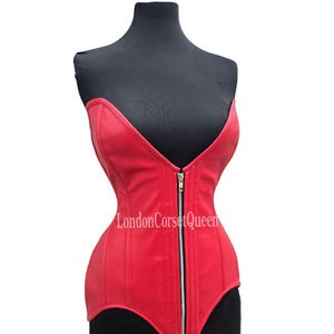 Heavy Duty  Double Steel Boned Waist Trainer Faux Leather Zipper Corset Steampunk Red Overbust Corset