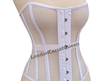 Heavy Duty Overbust Waist Trainer Mesh Corset Steel Boned Beige Corset 9974