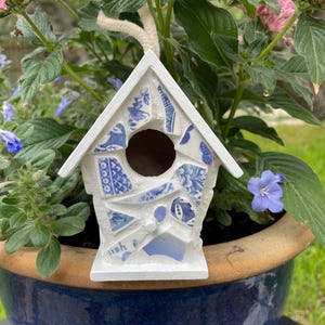 Adorable Mosaic Birdhouse made with blue and white china