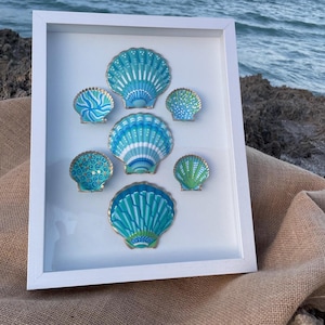 Framed Hand Painted Scallop Shell Art - Coastal Home Decor - Beach House Wall Art