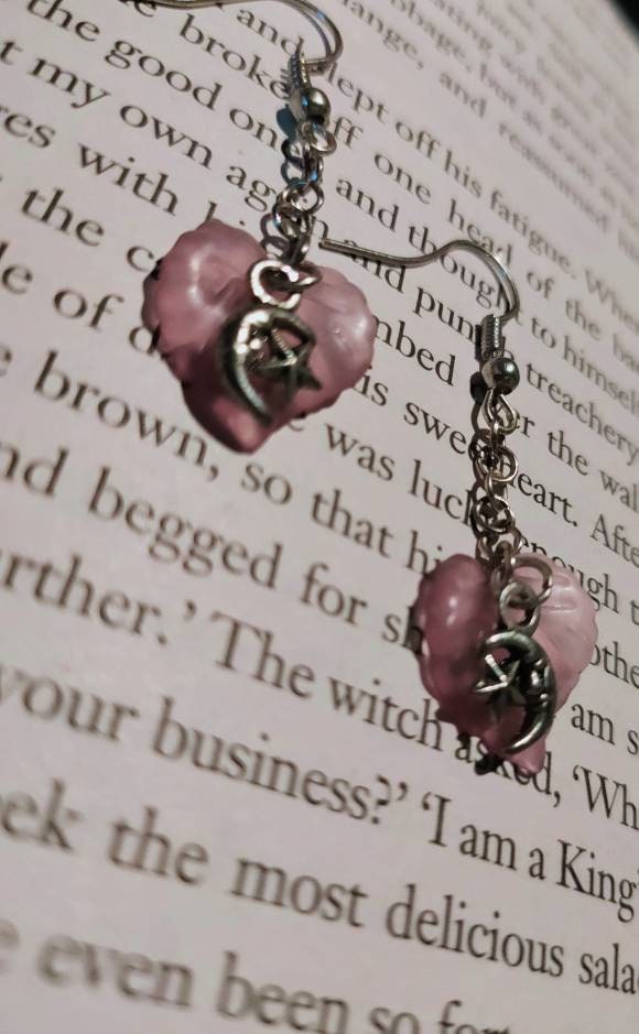 Beautiful Crescent Moon Charm with lilac Petal Earrings