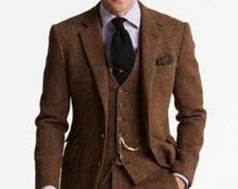 Menista Custom  Tweed Wool Three Piece Style Brown Mens Suit for Wedding, Winter, Groom wear and Groomsmen Suits