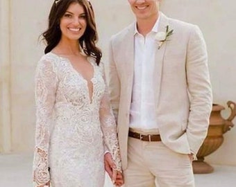 Men's Two Piece Beige Suit, Wedding Groom Wear, Tailored Fit, Customization Available