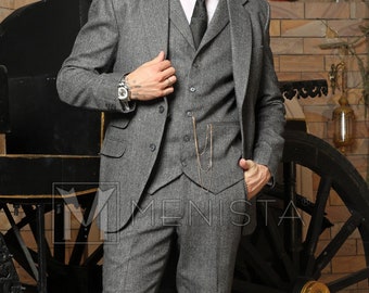 Men's Custom Tweed Herringbone Suit: Vintage Style Three Piece Groom Wear