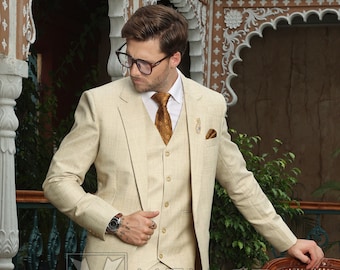 Menista Custom Linen Mixture Suit Stylish Three Piece Beige Bespoke Mens Suit for Wedding, Engagement, Prom, Groom wear and Groomsmen Suits