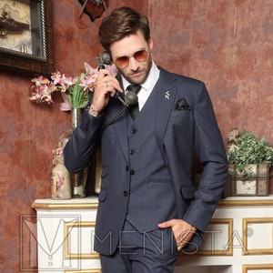 Menista Custom Slim Fit Premium Three Piece Navy Bespoke Mens Suit for Wedding, Anniversary, Engagement, Prom, Groom wear and Groomsmen Suit