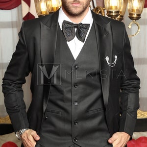 Menista Custom  Suit Premium Three Piece Black Tuxedo Mens Suit for Wedding, Engagement, Prom, Groom wear and Groomsmen Suits
