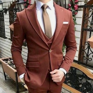Menista Tailored Trendy Three Piece Terracotta Rust Men's Suit for Wedding, Engagement, Prom, Party, Groom wear and Groomsmen Suits