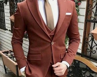 Menista Tailored Trendy Three Piece Terracotta Rust Men's Suit for Wedding, Engagement, Prom, Party, Groom wear and Groomsmen Suits