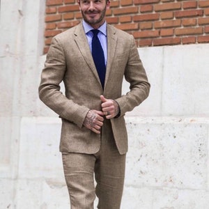 Menista Brown Linen Suit: Classy Two Piece Wedding Groom Suit