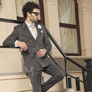 Menista Custom  Suit Double Breast Two Piece Black Stripes Bespoke Mens Suit for Wedding, Engagement, Prom, Groom wear and Groomsmen Suits