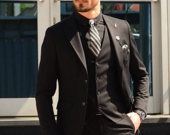 Menista  Suit Premium Three Piece Black Mens Suit for Wedding, Engagement, Prom, Groom wear and Groomsmen Suits