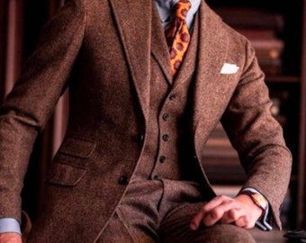 Traje de tweed marrón a medida: Traje de novio de tres piezas para boda de hombre
