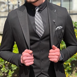 Menista Tailored Premium Three Piece Black Men&#39;s Suit for Wedding, Engagement, Prom, Party ,Groom wear and Groomsmen Suits Gift for him