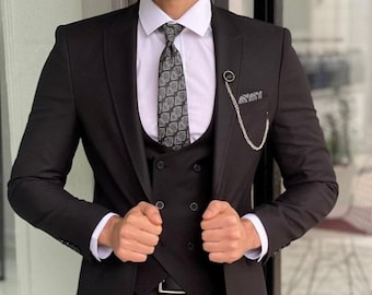 Menista Premium Black Three Piece Suit, Wedding Groom Suit
