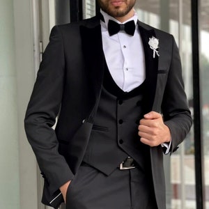 Menista Black Tuxedo Suit: Designer 3-Piece Velvet Trim Groom Wear