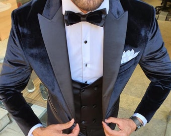 Menista Custom Slim Fit Suit Premium Three Piece Black Velvet Tuxedo Mens Suit for Wedding, Engagement, Prom, Groom wear and Groomsmen Suits