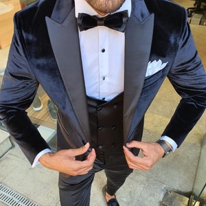 Menista Custom Slim Fit Suit Premium Three Piece Black Velvet Tuxedo Mens Suit for Wedding, Engagement, Prom, Groom wear and Groomsmen Suits