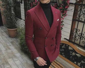 Menista Bespoke Slim Fit Suit Classy Double Breast Two Piece Burgundy Combination Mens Suit for Wedding , Prom, Groom wear & Groomsmen Suits