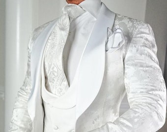 Menista Men's Elegant White Jacquard Tuxedo 3 Piece Suit