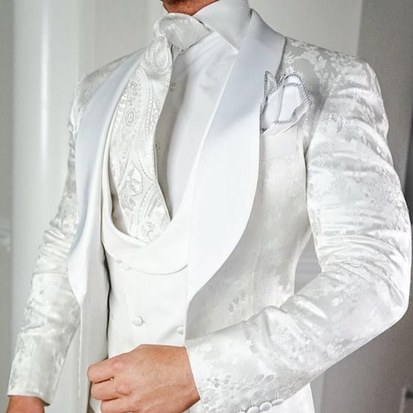 Menista Men's Elegant White Jacquard Tuxedo 3 Piece Suit