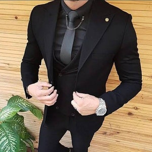 Menista  Suit Premium Three Piece Black Mens Suit for Wedding, Engagement, Prom, Groom wear and Groomsmen Suits