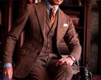 Menista Custom  Tweed Wool Three Piece Style Brown Mens Suit for Wedding, Winter, Groom wear and Groomsmen Suits